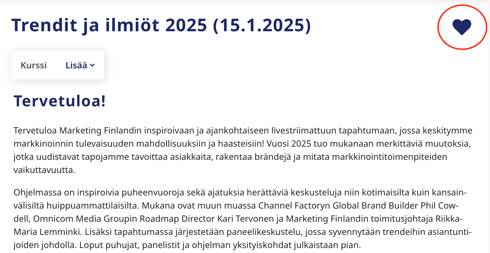 Kurssin lisääminen suosikiksi kurssin sivulla.