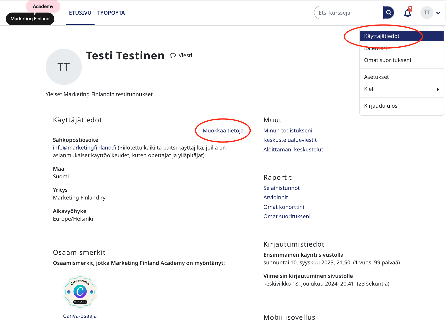 Omat käyttäjätiedot Marketing Finland Academyssa.